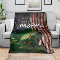 Musky Fishing Design Blanket with American Flag Background and Custom Name Print - Wonder Print Shop