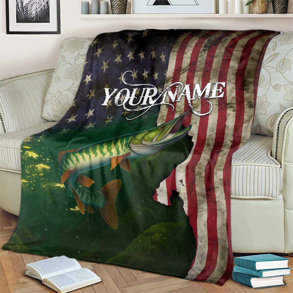 Musky Fishing Design Blanket with American Flag Background and Custom Name Print - Wonder Print Shop