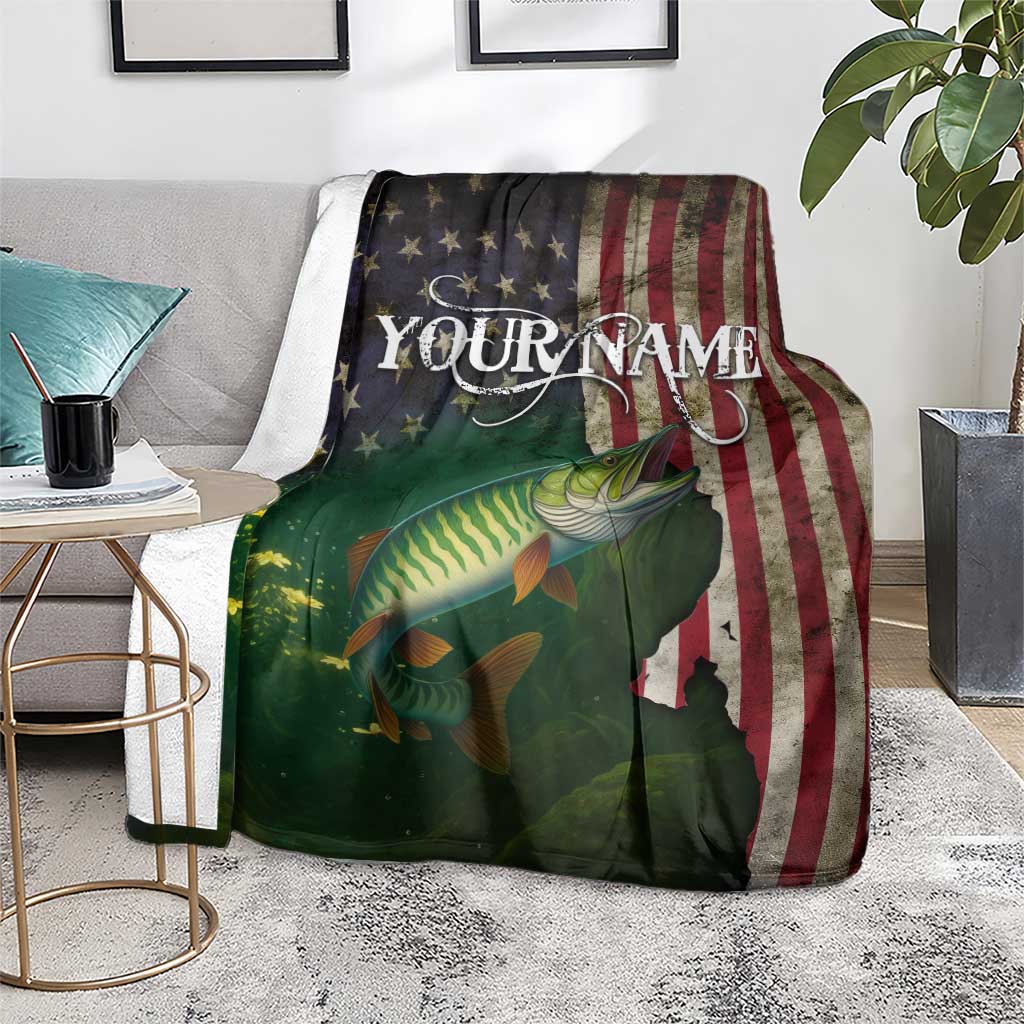 Musky Fishing Design Blanket with American Flag Background and Custom Name Print - Wonder Print Shop