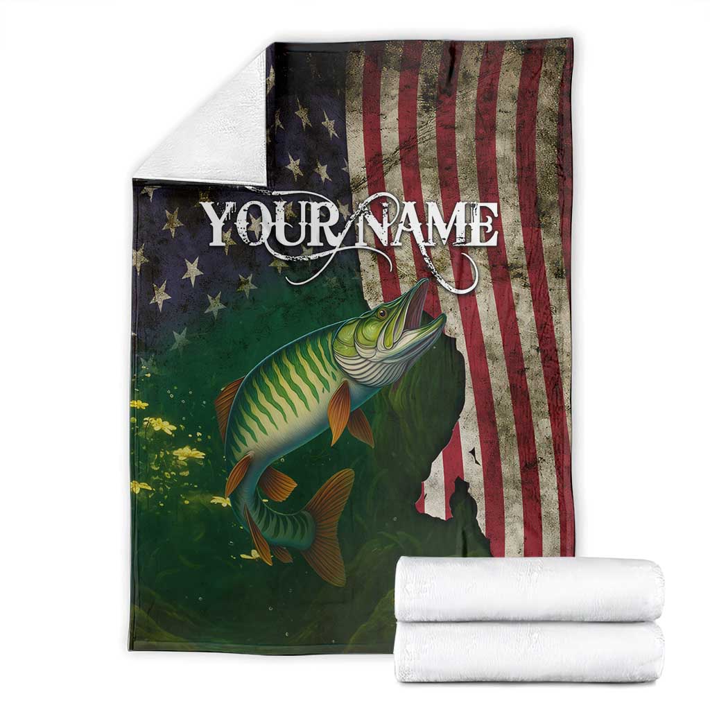 Musky Fishing Design Blanket with American Flag Background and Custom Name Print - Wonder Print Shop