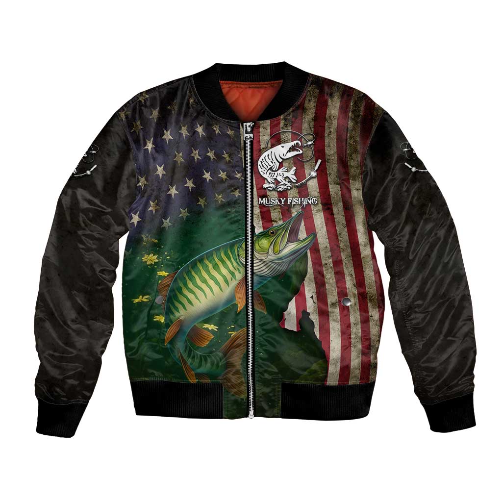 Musky Fishing Design Bomber Jacket with American Flag Background and Custom Name Print - Wonder Print Shop