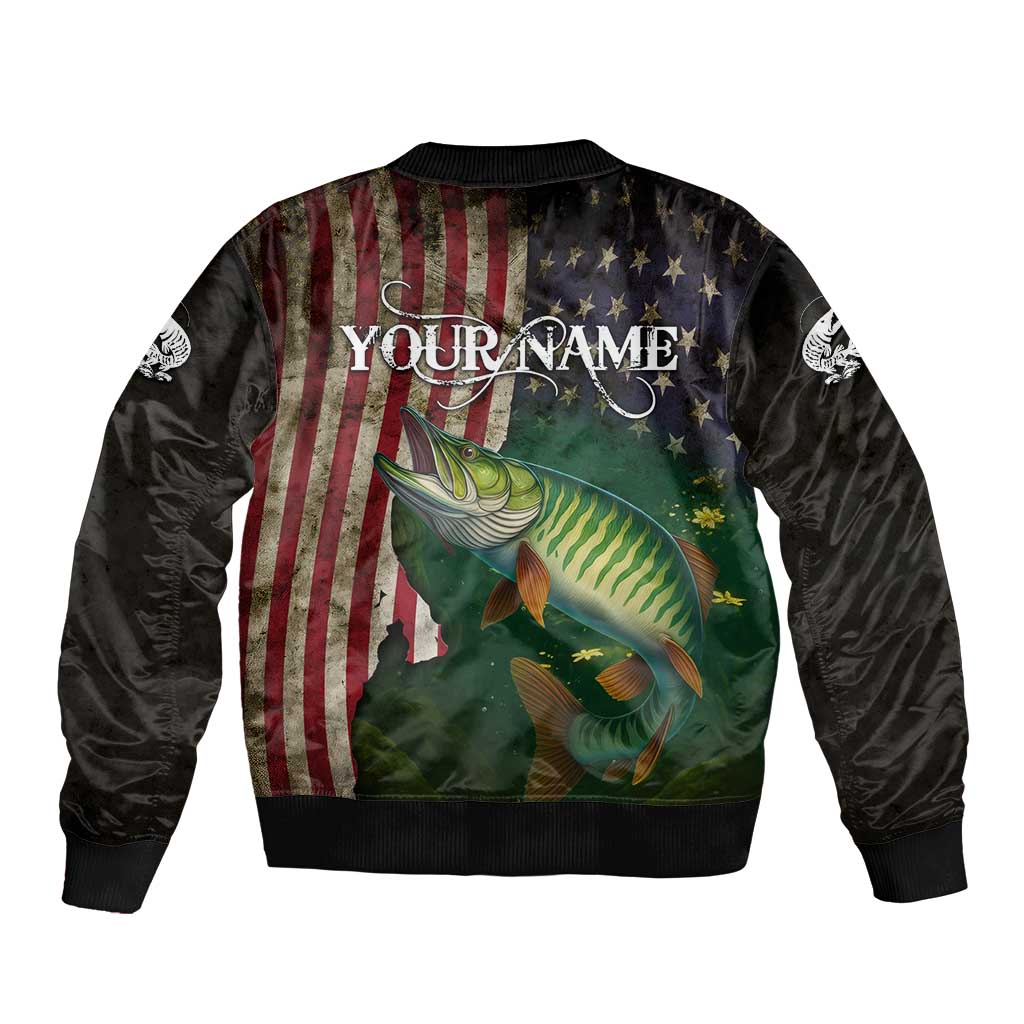 Musky Fishing Design Bomber Jacket with American Flag Background and Custom Name Print - Wonder Print Shop