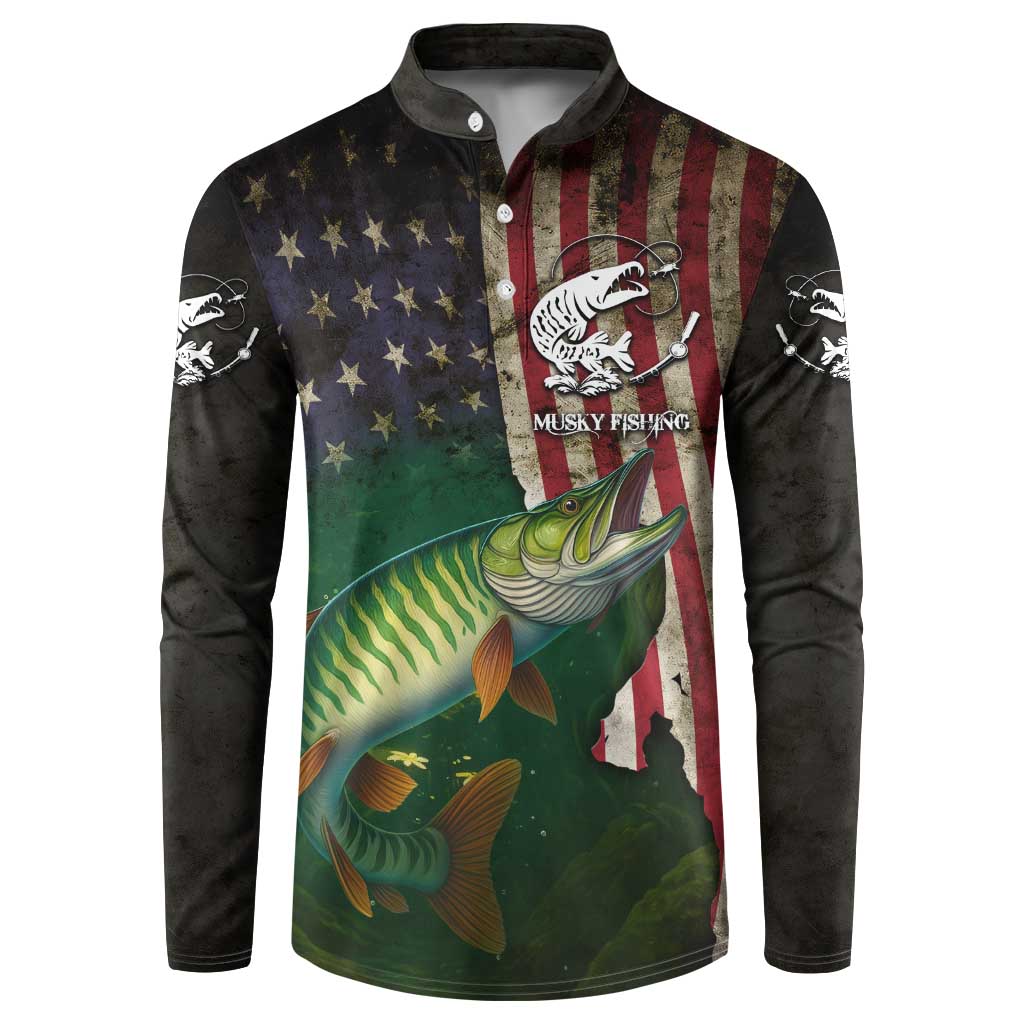 Musky Fishing Design Button Sweatshirt with American Flag Background and Custom Name Print - Wonder Print Shop