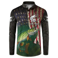 Musky Fishing Design Button Sweatshirt with American Flag Background and Custom Name Print - Wonder Print Shop