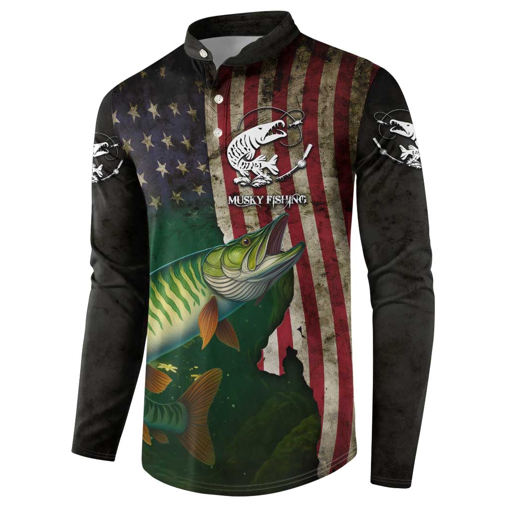 Musky Fishing Design Button Sweatshirt with American Flag Background and Custom Name Print - Wonder Print Shop