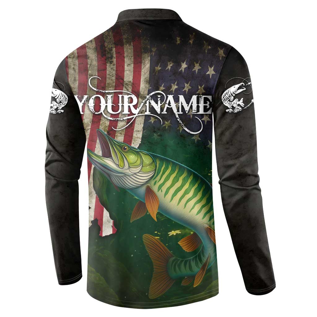 Musky Fishing Design Button Sweatshirt with American Flag Background and Custom Name Print - Wonder Print Shop