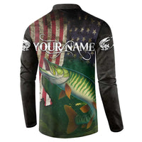 Musky Fishing Design Button Sweatshirt with American Flag Background and Custom Name Print - Wonder Print Shop