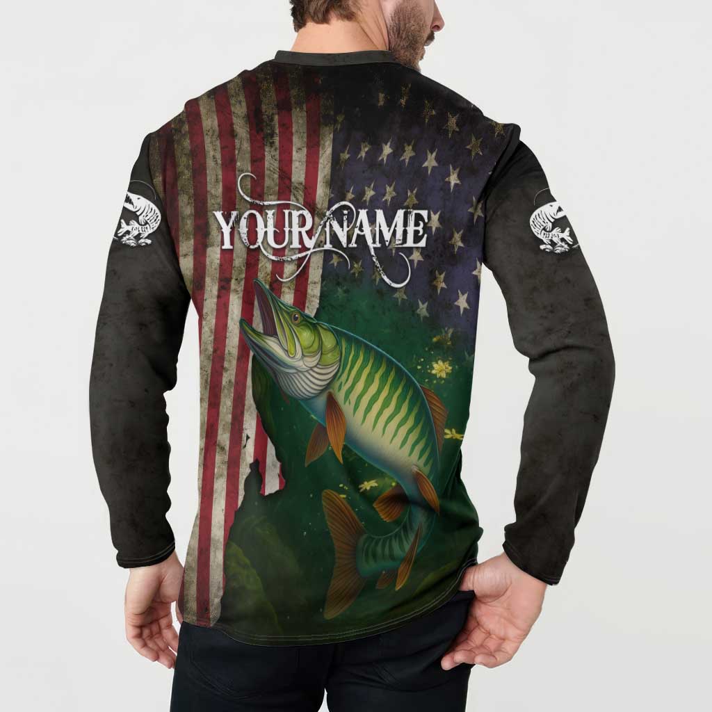 Musky Fishing Design Button Sweatshirt with American Flag Background and Custom Name Print - Wonder Print Shop