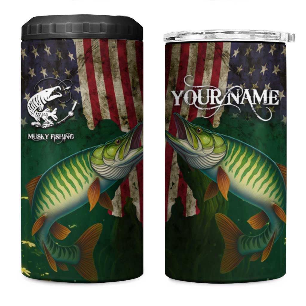 Musky Fishing Design 4 in 1 Can Cooler Tumbler with American Flag Background and Custom Name Print - Wonder Print Shop