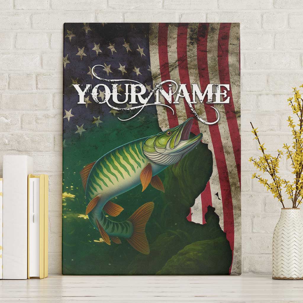 Musky Fishing Design Canvas Wall Art with American Flag Background and Custom Name Print - Wonder Print Shop