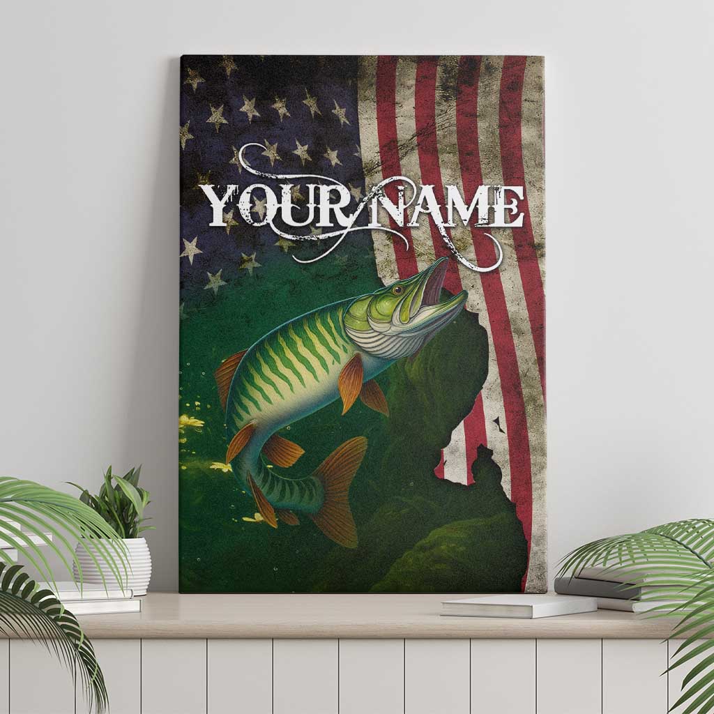 Musky Fishing Design Canvas Wall Art with American Flag Background and Custom Name Print - Wonder Print Shop