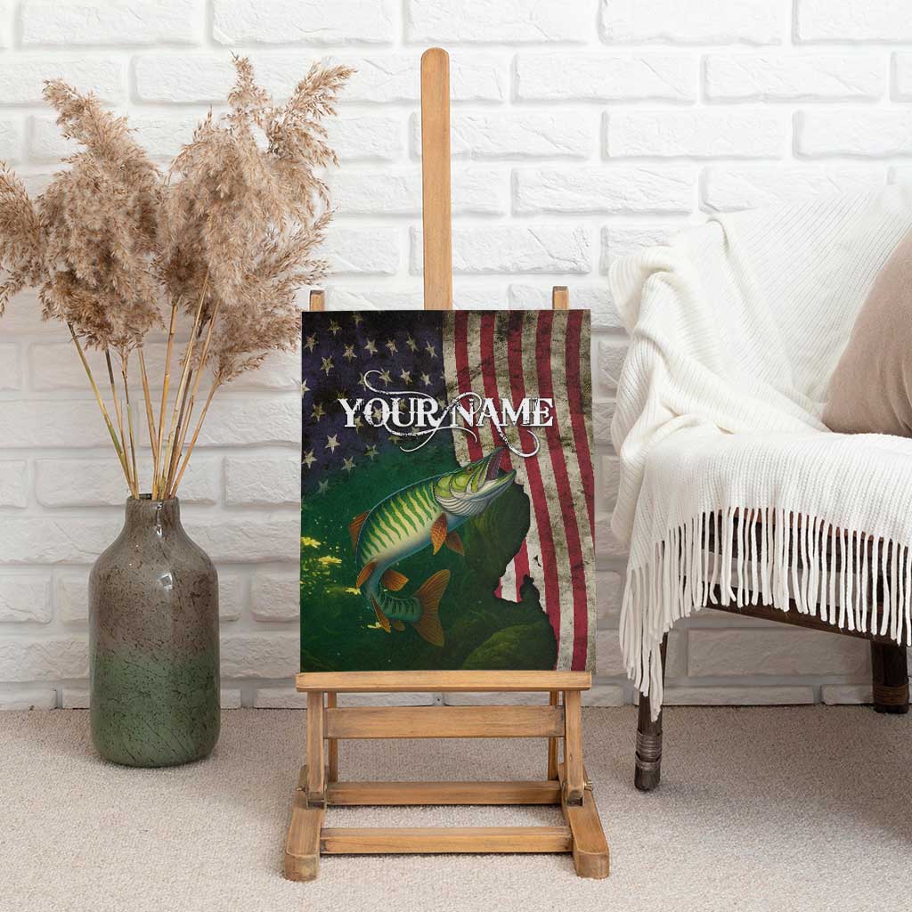 Musky Fishing Design Canvas Wall Art with American Flag Background and Custom Name Print - Wonder Print Shop