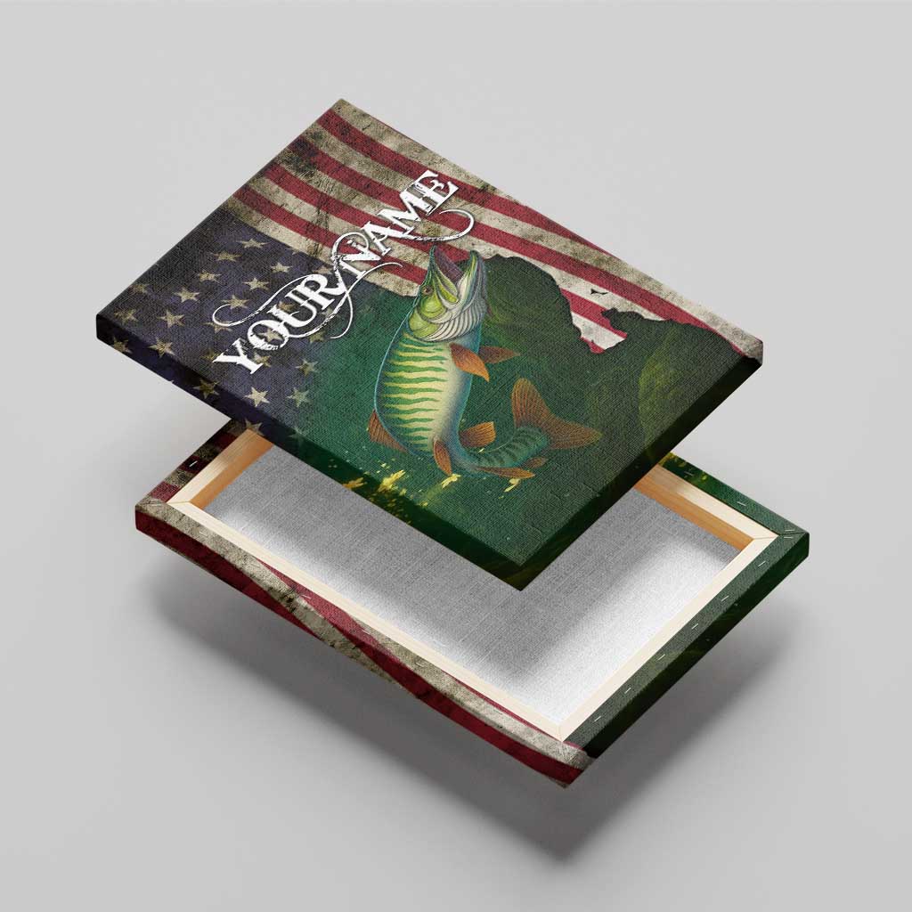 Musky Fishing Design Canvas Wall Art with American Flag Background and Custom Name Print - Wonder Print Shop