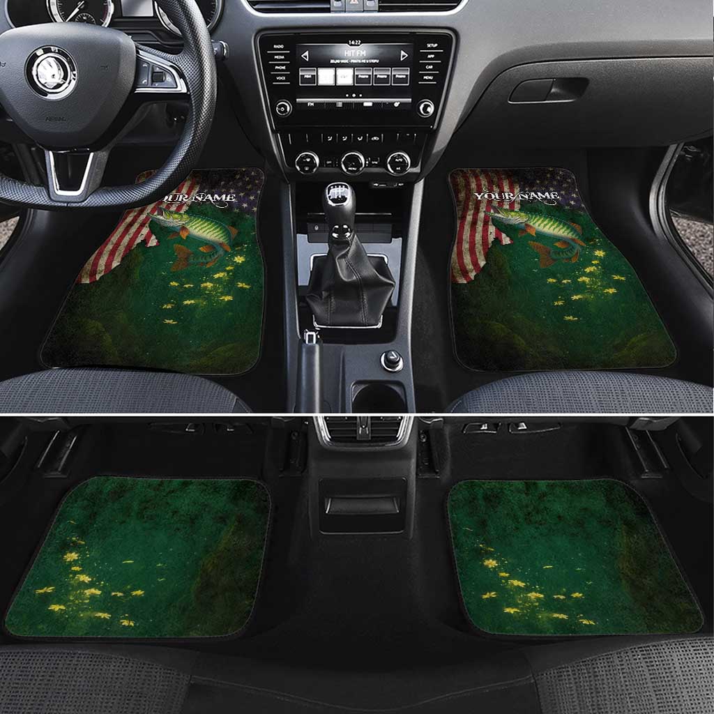 Musky Fishing Design Car Mats with American Flag Background and Custom Name Print - Wonder Print Shop