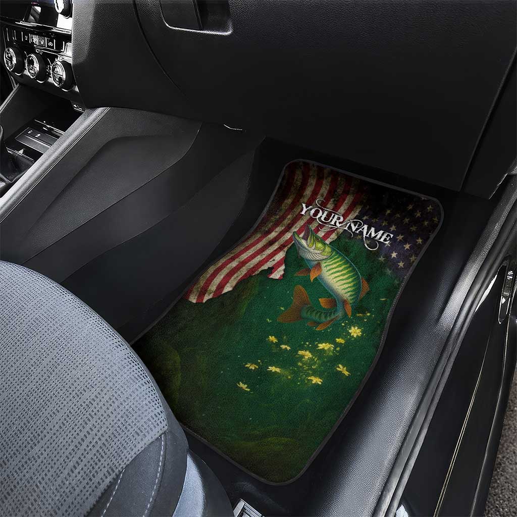 Musky Fishing Design Car Mats with American Flag Background and Custom Name Print - Wonder Print Shop