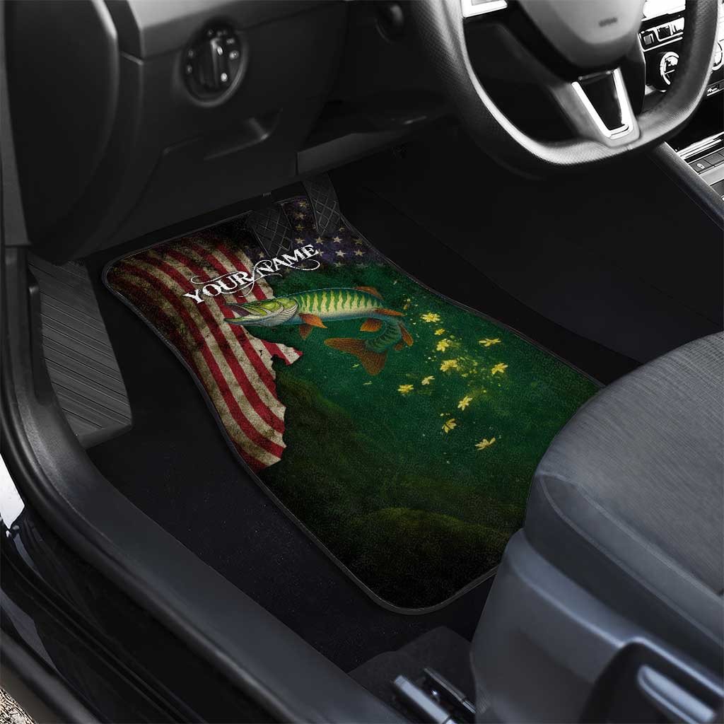 Musky Fishing Design Car Mats with American Flag Background and Custom Name Print - Wonder Print Shop