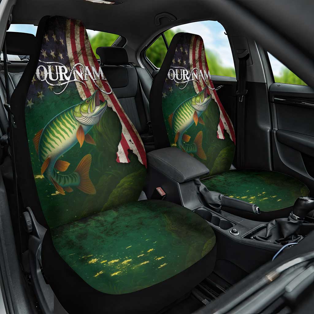 Musky Fishing Design Car Seat Cover with American Flag Background and Custom Name Print - Wonder Print Shop
