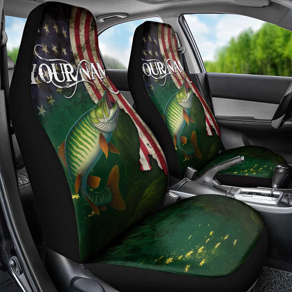 Musky Fishing Design Car Seat Cover with American Flag Background and Custom Name Print - Wonder Print Shop