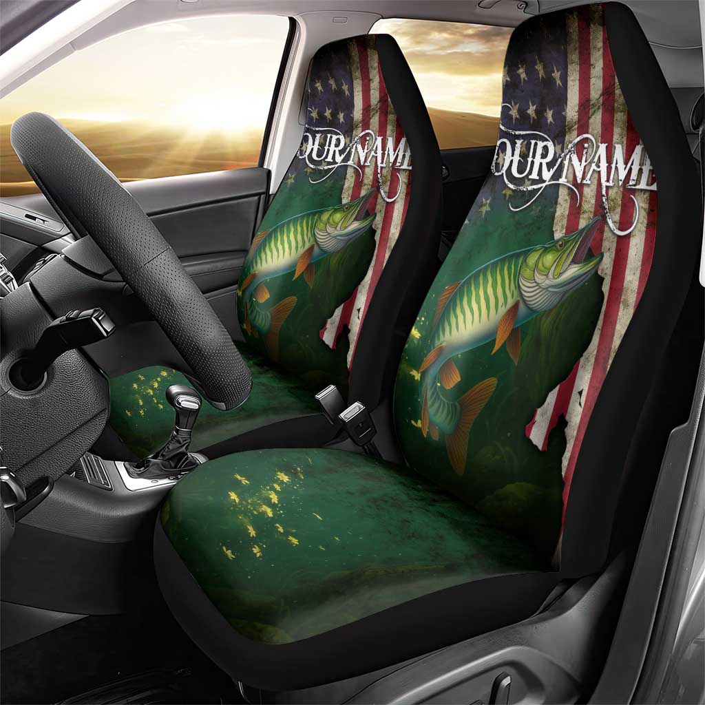 Musky Fishing Design Car Seat Cover with American Flag Background and Custom Name Print - Wonder Print Shop