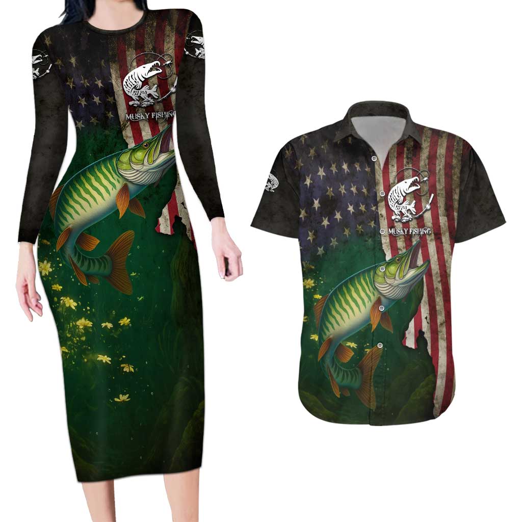 Musky Fishing Design Couples Matching Long Sleeve Bodycon Dress and Hawaiian Shirt with American Flag Background and Custom Name Print - Wonder Print Shop