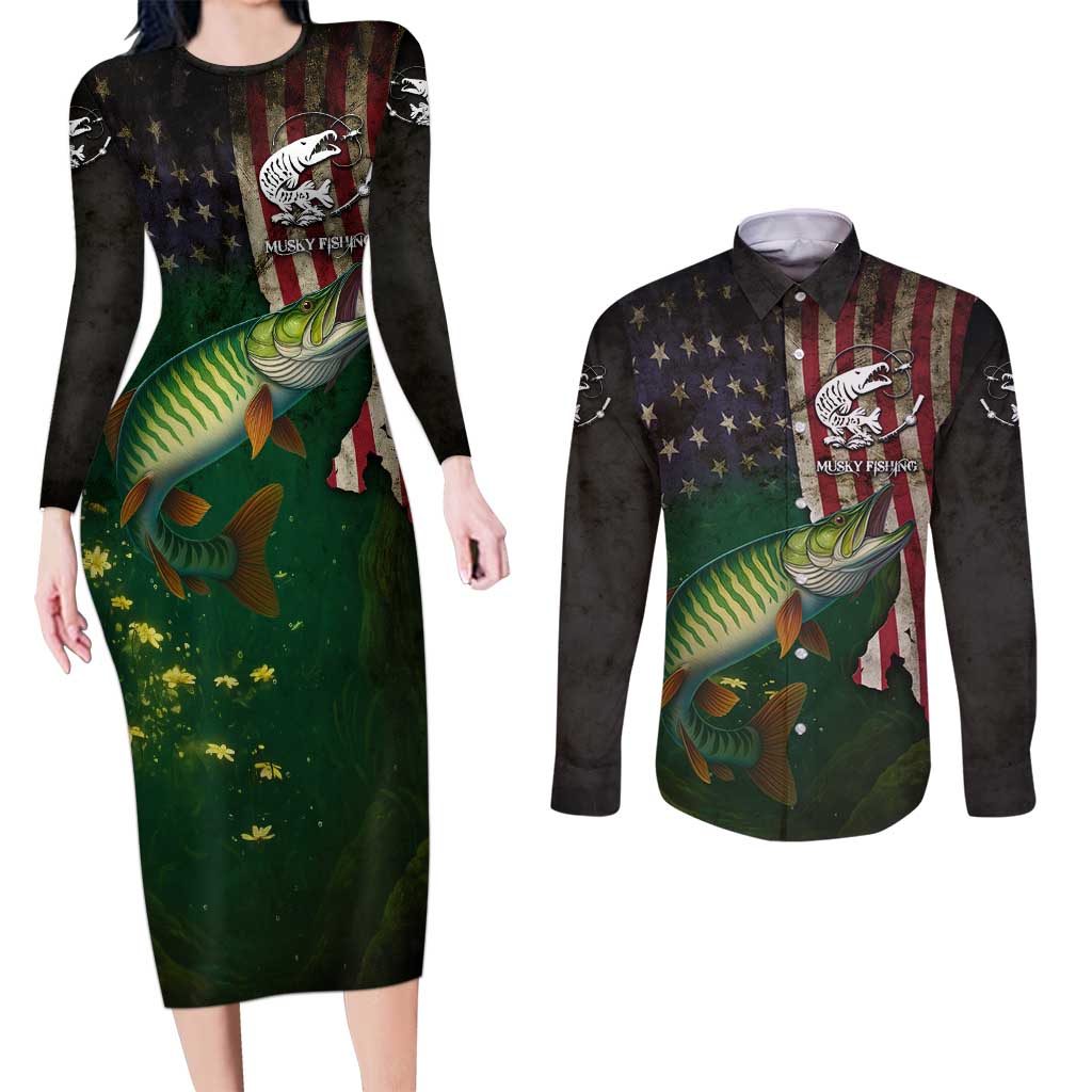 Musky Fishing Design Couples Matching Long Sleeve Bodycon Dress and Long Sleeve Button Shirt with American Flag Background and Custom Name Print - Wonder Print Shop