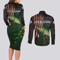 Musky Fishing Design Couples Matching Long Sleeve Bodycon Dress and Long Sleeve Button Shirt with American Flag Background and Custom Name Print - Wonder Print Shop