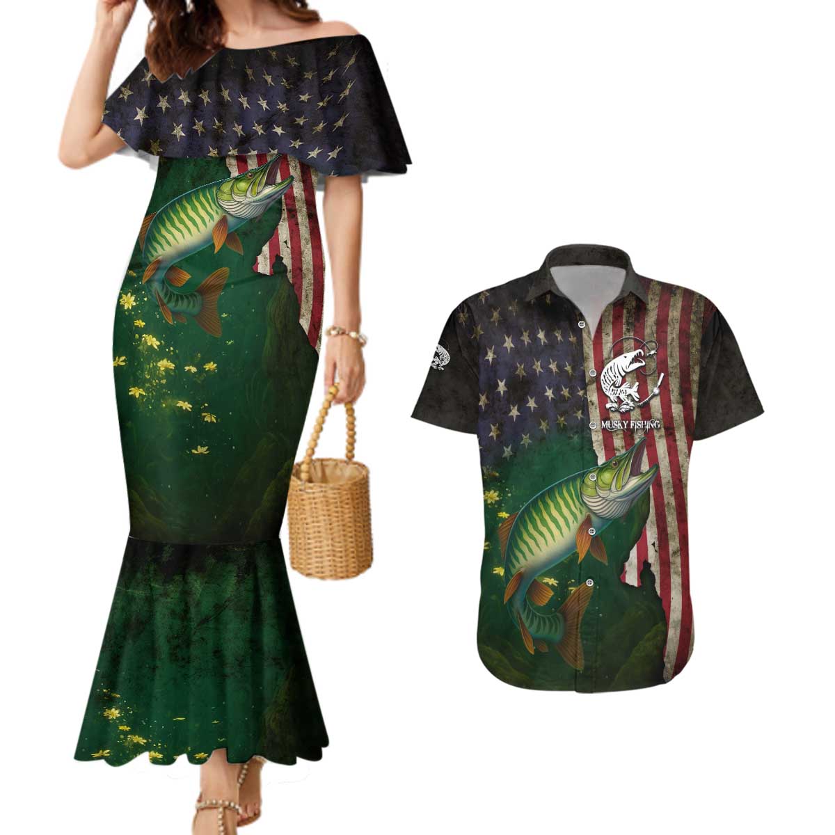Musky Fishing Design Couples Matching Mermaid Dress and Hawaiian Shirt with American Flag Background and Custom Name Print - Wonder Print Shop