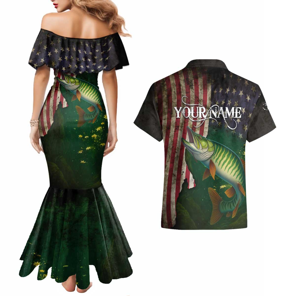 Musky Fishing Design Couples Matching Mermaid Dress and Hawaiian Shirt with American Flag Background and Custom Name Print - Wonder Print Shop