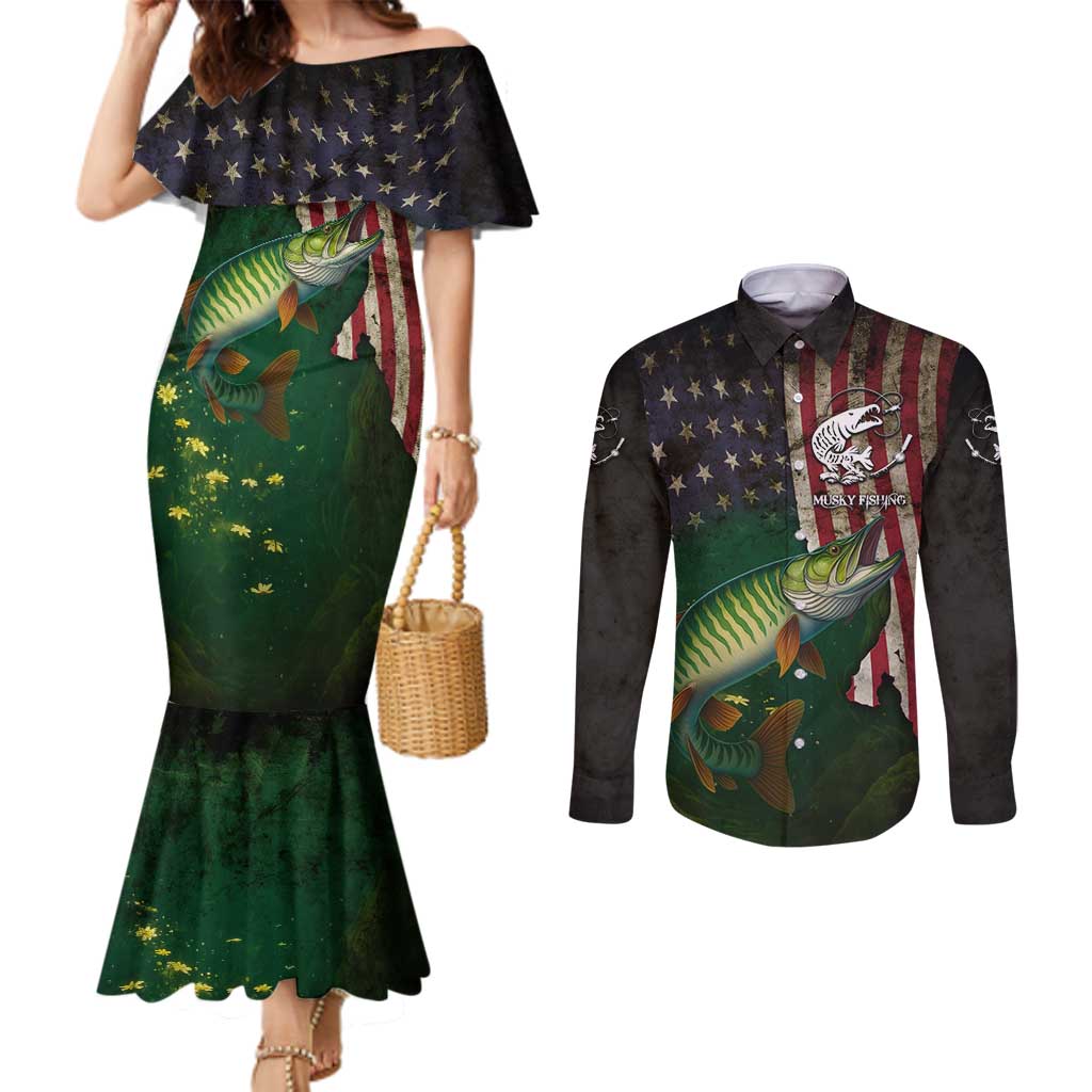 Musky Fishing Design Couples Matching Mermaid Dress and Long Sleeve Button Shirt with American Flag Background and Custom Name Print - Wonder Print Shop
