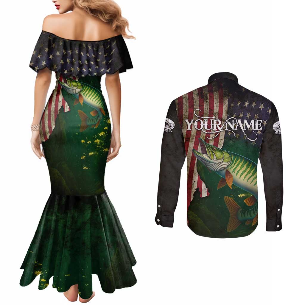 Musky Fishing Design Couples Matching Mermaid Dress and Long Sleeve Button Shirt with American Flag Background and Custom Name Print - Wonder Print Shop