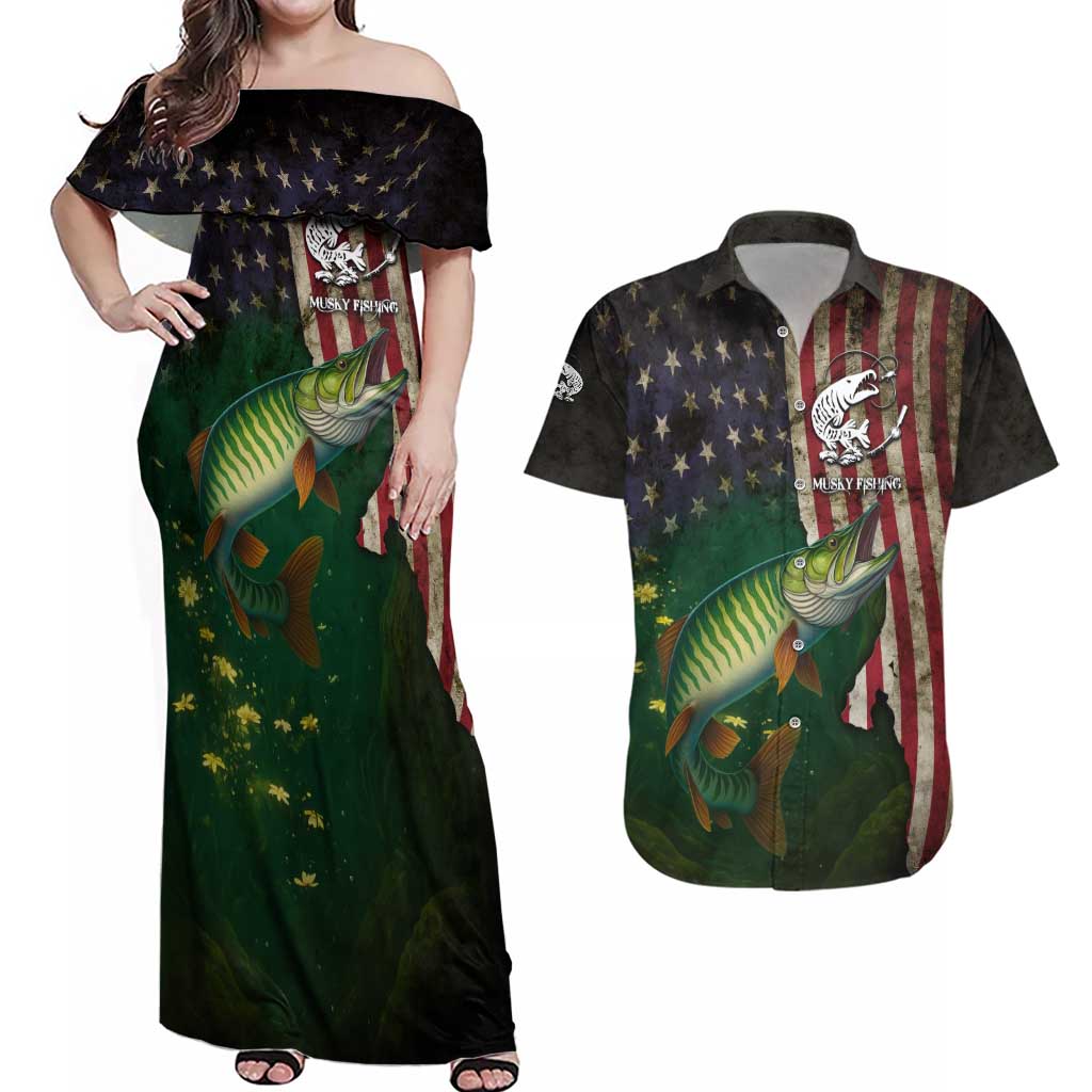 Musky Fishing Design Couples Matching Off Shoulder Maxi Dress and Hawaiian Shirt with American Flag Background and Custom Name Print - Wonder Print Shop