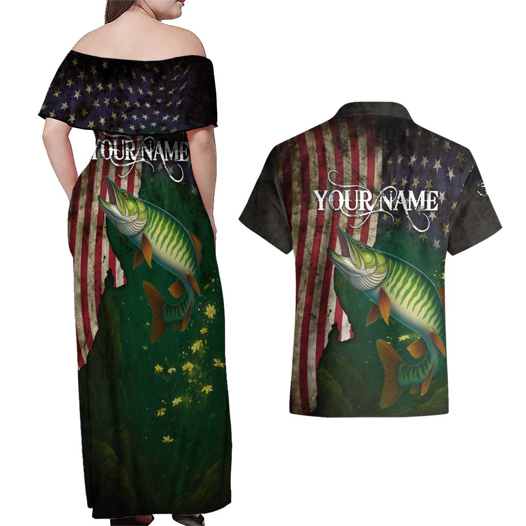 Musky Fishing Design Couples Matching Off Shoulder Maxi Dress and Hawaiian Shirt with American Flag Background and Custom Name Print - Wonder Print Shop