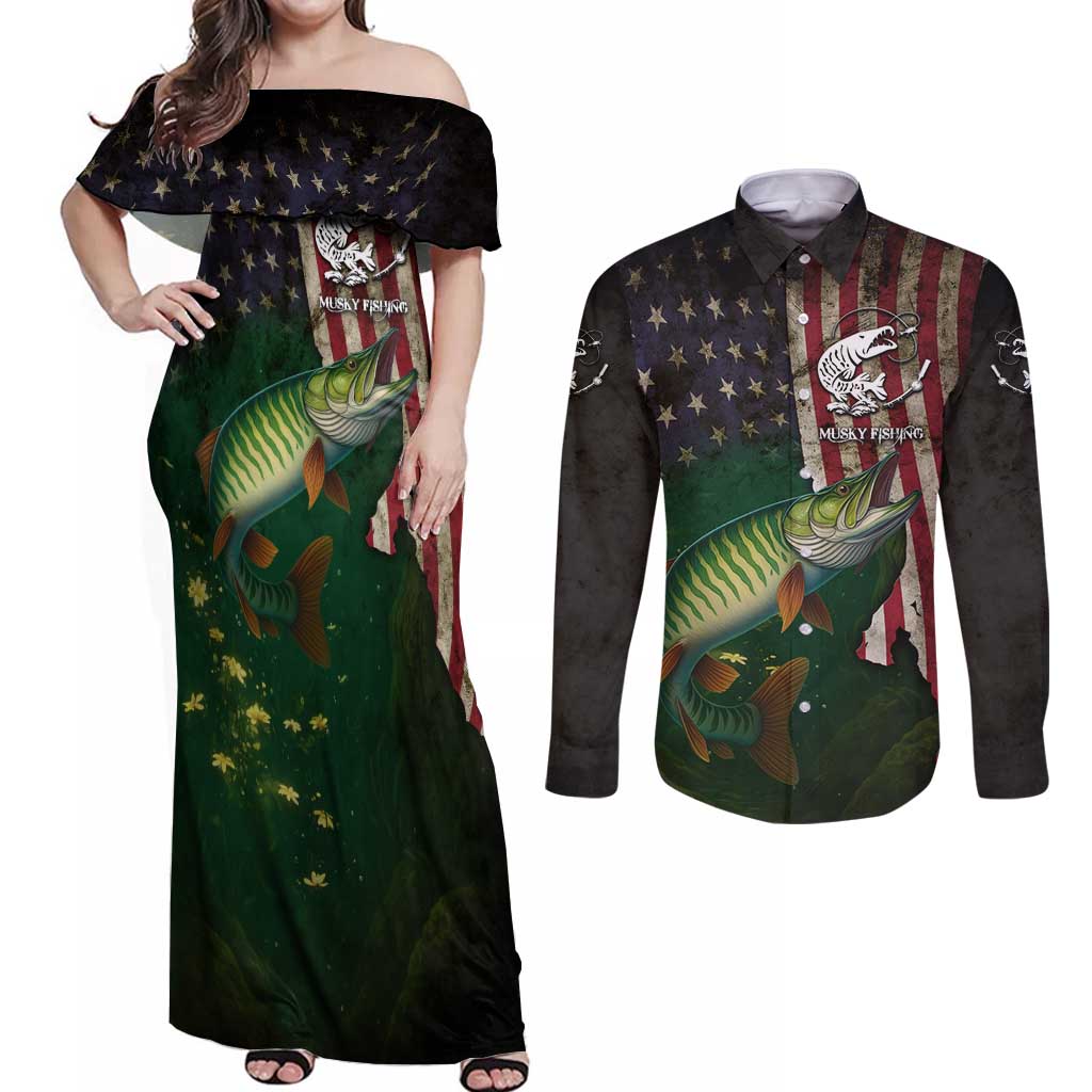 Musky Fishing Design Couples Matching Off Shoulder Maxi Dress and Long Sleeve Button Shirt with American Flag Background and Custom Name Print - Wonder Print Shop