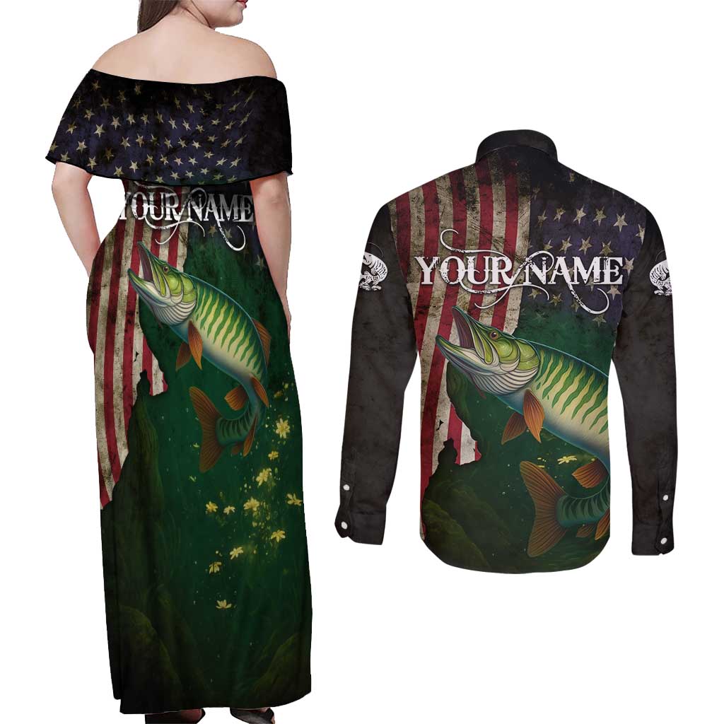 Musky Fishing Design Couples Matching Off Shoulder Maxi Dress and Long Sleeve Button Shirt with American Flag Background and Custom Name Print - Wonder Print Shop