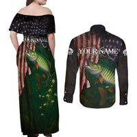 Musky Fishing Design Couples Matching Off Shoulder Maxi Dress and Long Sleeve Button Shirt with American Flag Background and Custom Name Print - Wonder Print Shop
