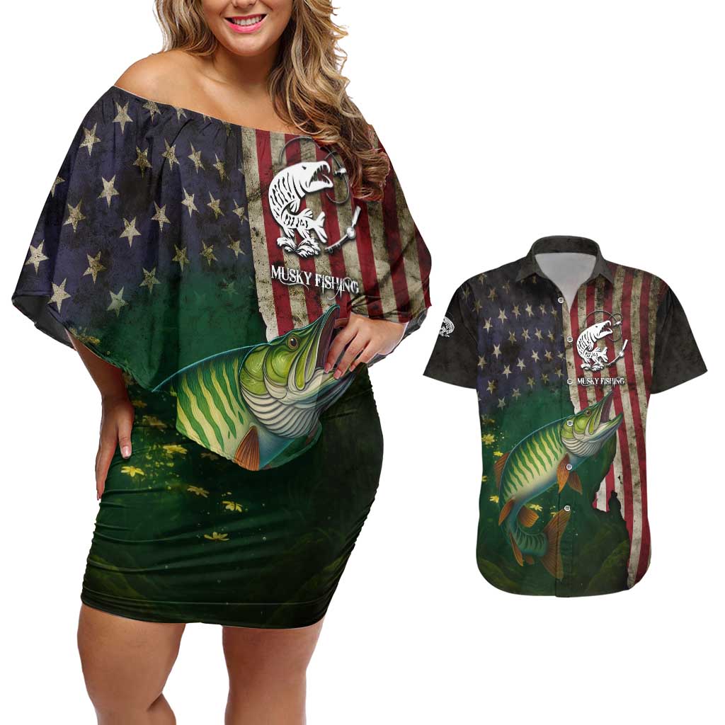 Musky Fishing Design Couples Matching Off Shoulder Short Dress and Hawaiian Shirt with American Flag Background and Custom Name Print - Wonder Print Shop