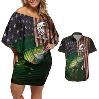 Musky Fishing Design Couples Matching Off Shoulder Short Dress and Hawaiian Shirt with American Flag Background and Custom Name Print - Wonder Print Shop