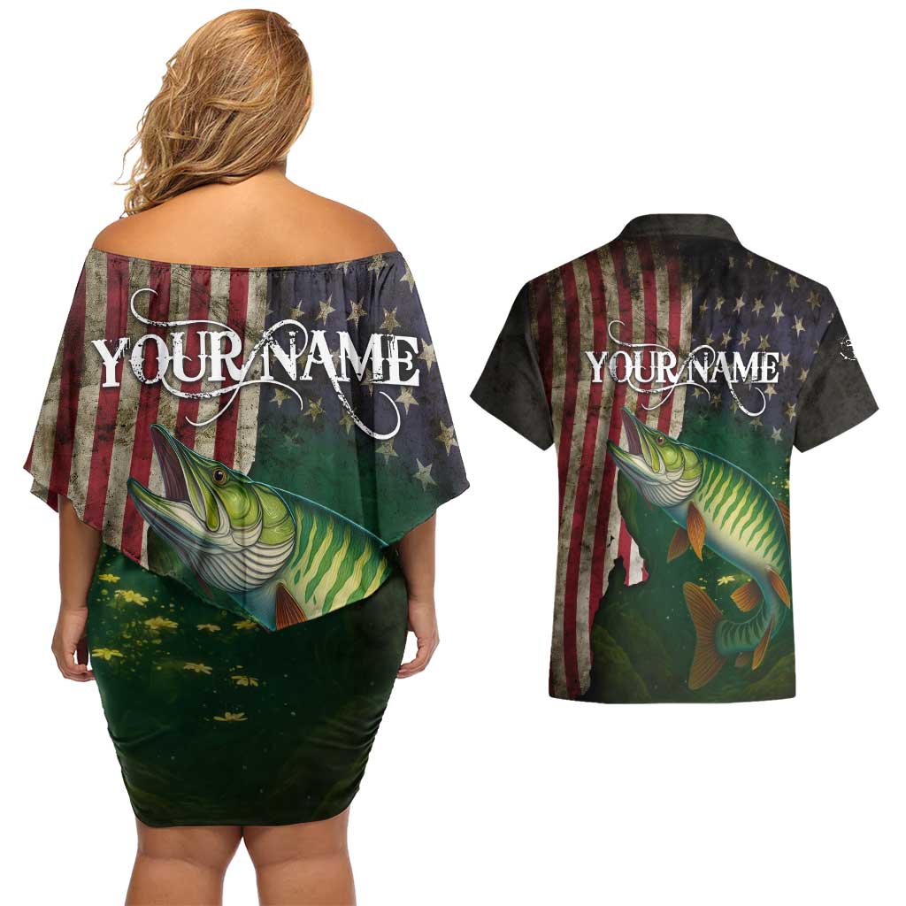 Musky Fishing Design Couples Matching Off Shoulder Short Dress and Hawaiian Shirt with American Flag Background and Custom Name Print - Wonder Print Shop