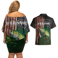 Musky Fishing Design Couples Matching Off Shoulder Short Dress and Hawaiian Shirt with American Flag Background and Custom Name Print - Wonder Print Shop