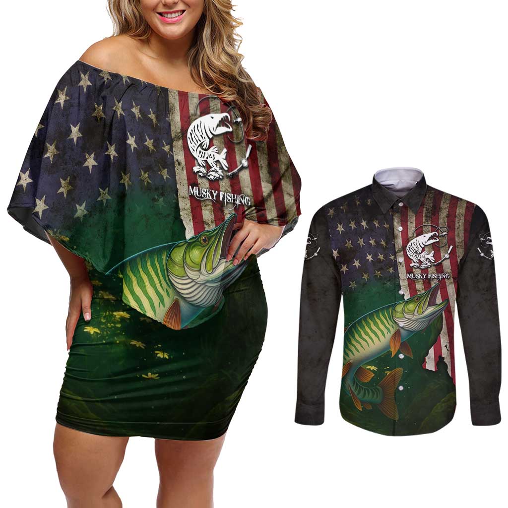 Musky Fishing Design Couples Matching Off Shoulder Short Dress and Long Sleeve Button Shirt with American Flag Background and Custom Name Print - Wonder Print Shop