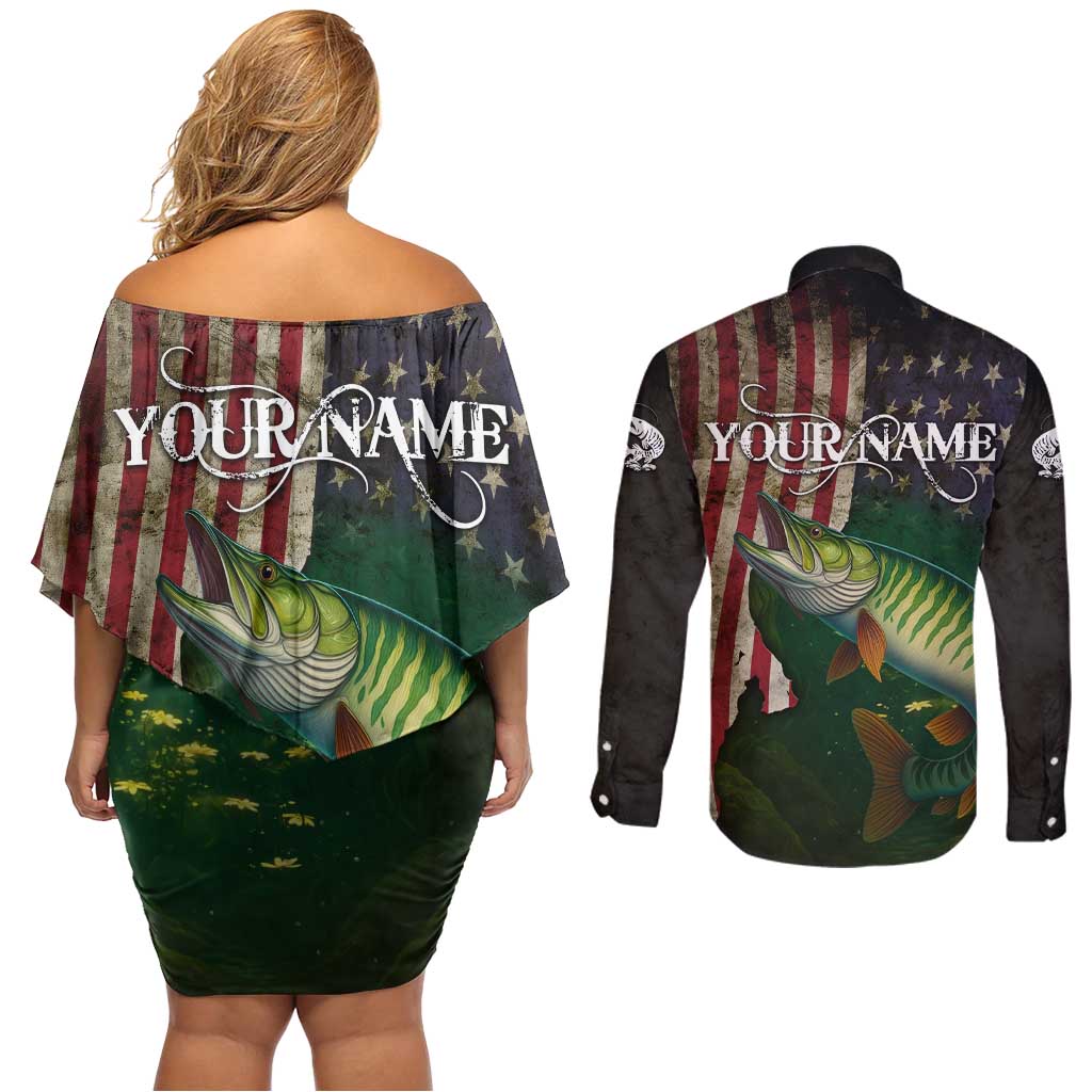 Musky Fishing Design Couples Matching Off Shoulder Short Dress and Long Sleeve Button Shirt with American Flag Background and Custom Name Print - Wonder Print Shop
