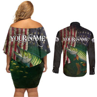 Musky Fishing Design Couples Matching Off Shoulder Short Dress and Long Sleeve Button Shirt with American Flag Background and Custom Name Print - Wonder Print Shop