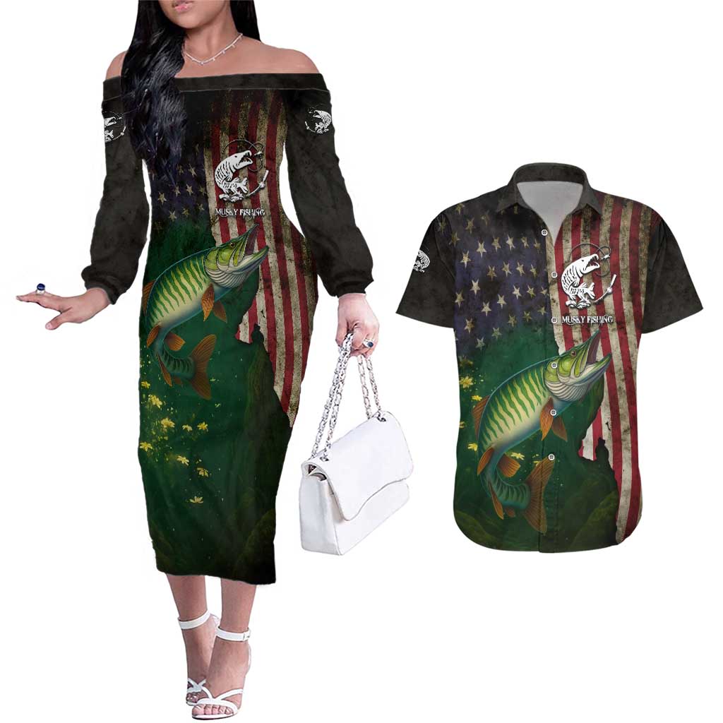 Musky Fishing Design Couples Matching Off The Shoulder Long Sleeve Dress and Hawaiian Shirt with American Flag Background and Custom Name Print - Wonder Print Shop