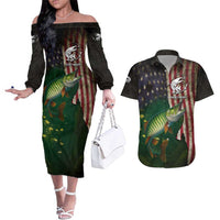 Musky Fishing Design Couples Matching Off The Shoulder Long Sleeve Dress and Hawaiian Shirt with American Flag Background and Custom Name Print - Wonder Print Shop