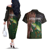 Musky Fishing Design Couples Matching Off The Shoulder Long Sleeve Dress and Hawaiian Shirt with American Flag Background and Custom Name Print - Wonder Print Shop