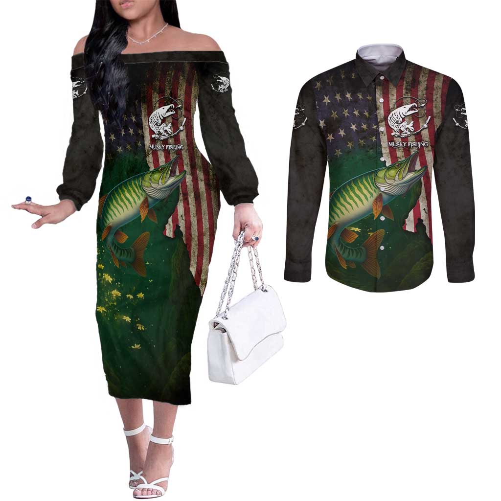 Musky Fishing Design Couples Matching Off The Shoulder Long Sleeve Dress and Long Sleeve Button Shirt with American Flag Background and Custom Name Print - Wonder Print Shop