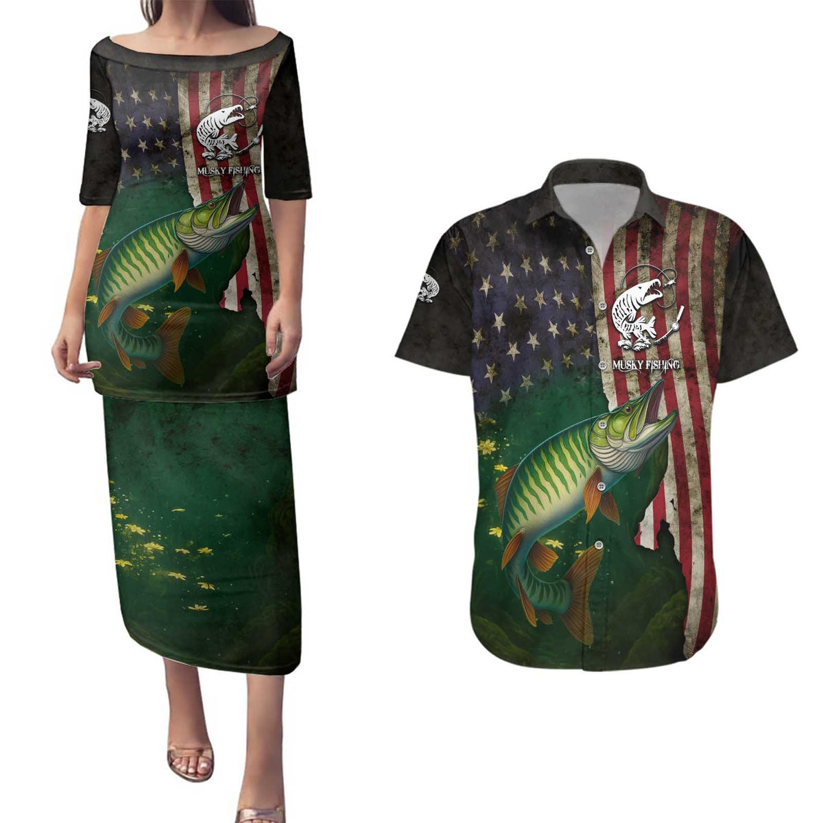 Musky Fishing Design Couples Matching Puletasi and Hawaiian Shirt with American Flag Background and Custom Name Print - Wonder Print Shop