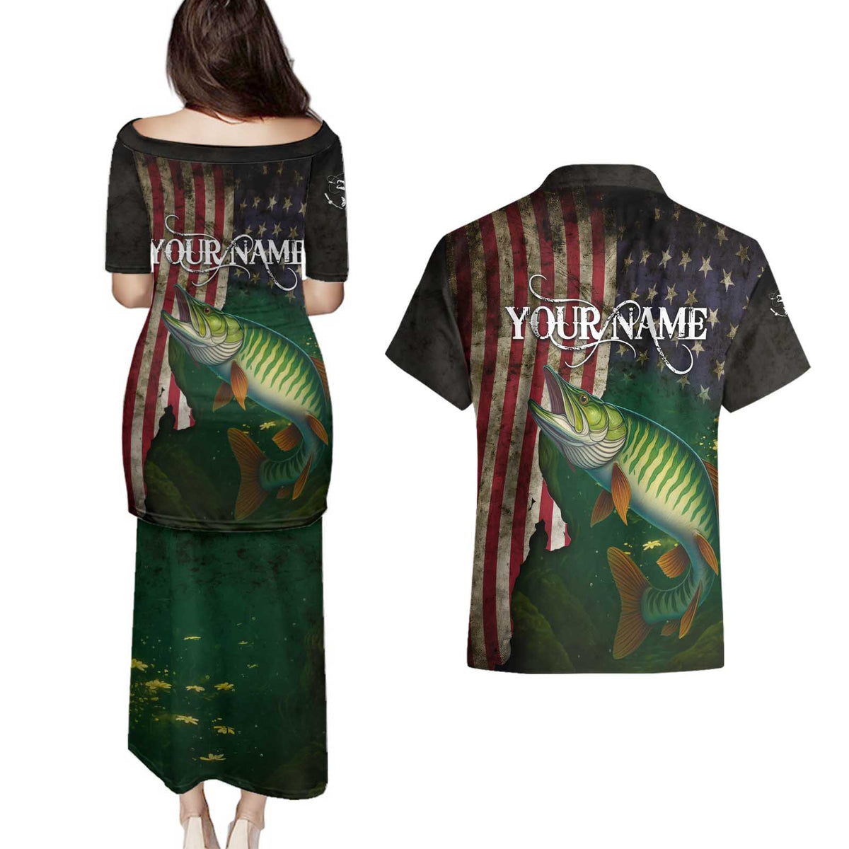 Musky Fishing Design Couples Matching Puletasi and Hawaiian Shirt with American Flag Background and Custom Name Print - Wonder Print Shop