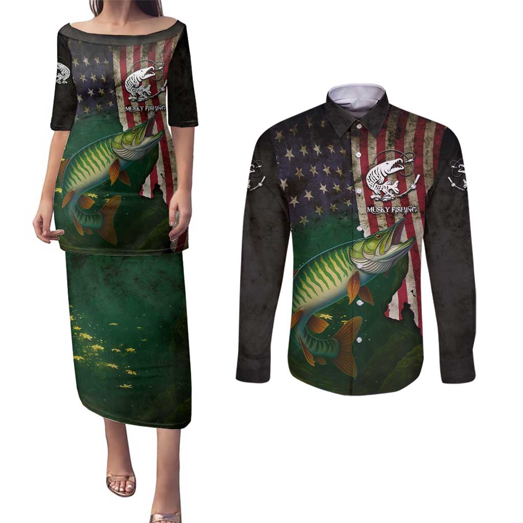 Musky Fishing Design Couples Matching Puletasi and Long Sleeve Button Shirt with American Flag Background and Custom Name Print - Wonder Print Shop