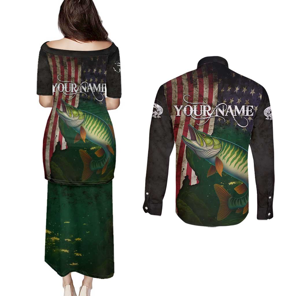 Musky Fishing Design Couples Matching Puletasi and Long Sleeve Button Shirt with American Flag Background and Custom Name Print - Wonder Print Shop